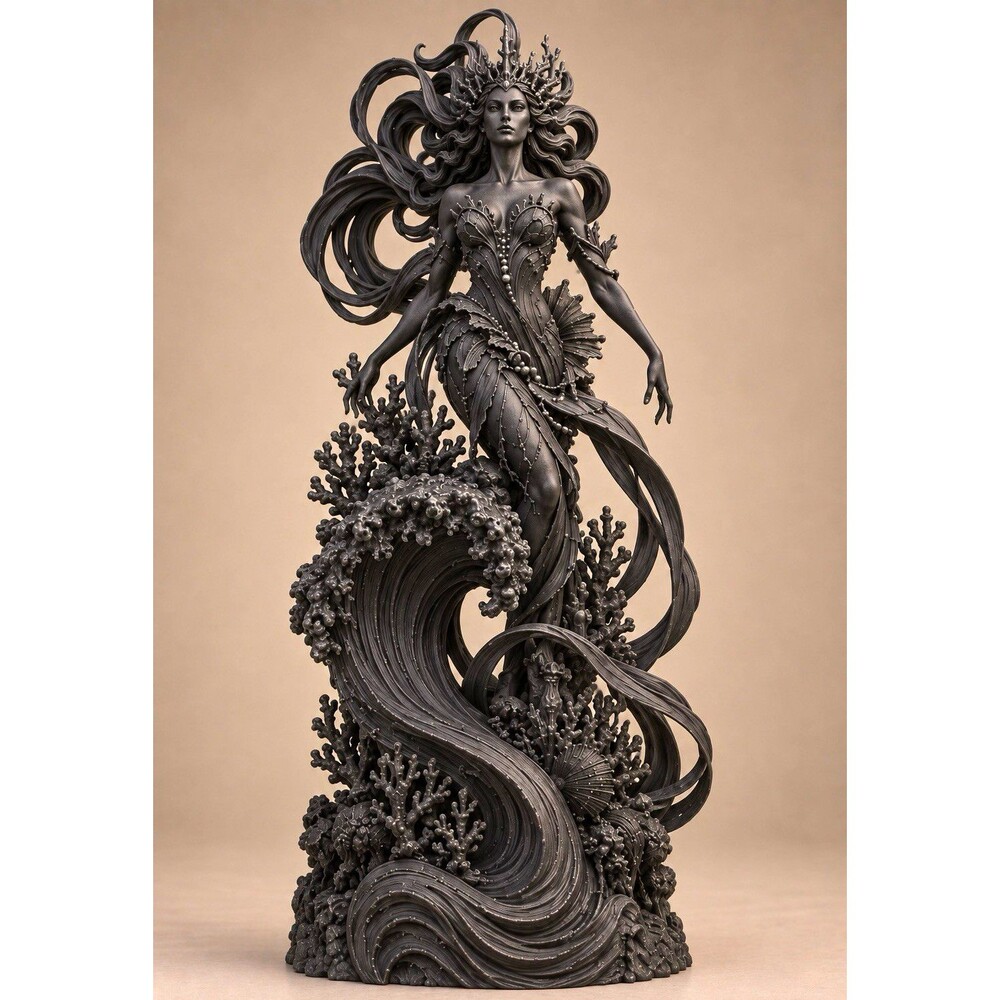 Fantasy Goddess Female Siren Figurine – Black/Gray Matte Resin 3D Effect 7 in